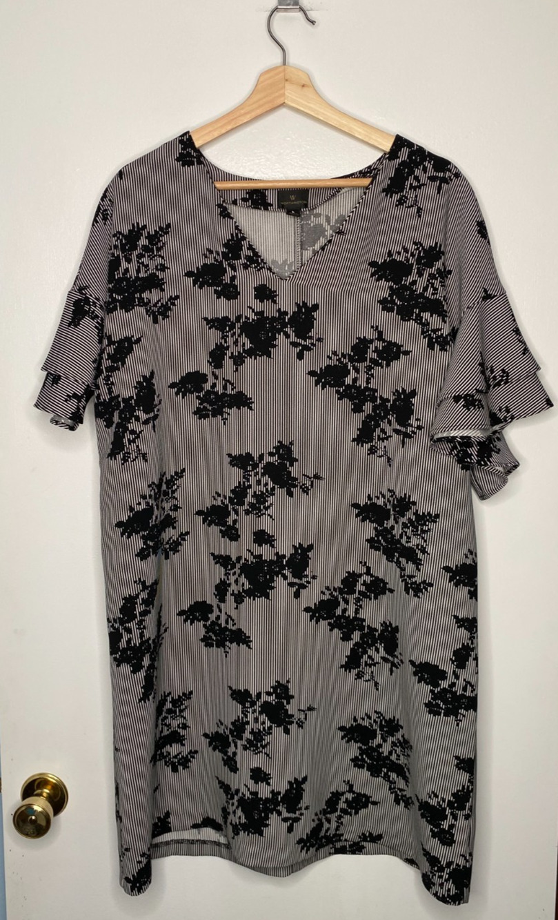 Worthington Dress Black & White Floral & Stripe 100% Polyester Size L